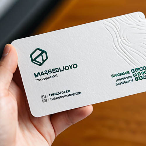 A close-up, eye-level shot of a professional individual's perfectly formed hands gently holding a modern business card. The card is crafted from a visibly thick, sustainable recycled paper, featuring a unique, subtle texture and a finely debossed, minimalist logo. The focus is on the tactile quality of the card and the natural pose of the hands, showcasing well-formed fingers and appropriate, modest accessories like a sleek watch. The background is a softly blurred, warm-toned professional office setting with natural light, emphasizing a sense of quality and meticulousness. fully clothed, appropriate attire, safe for work, appropriate content, professional, family-friendly, perfect anatomy, correct proportions, natural body proportions, proper finger count, professional photography, high detail.