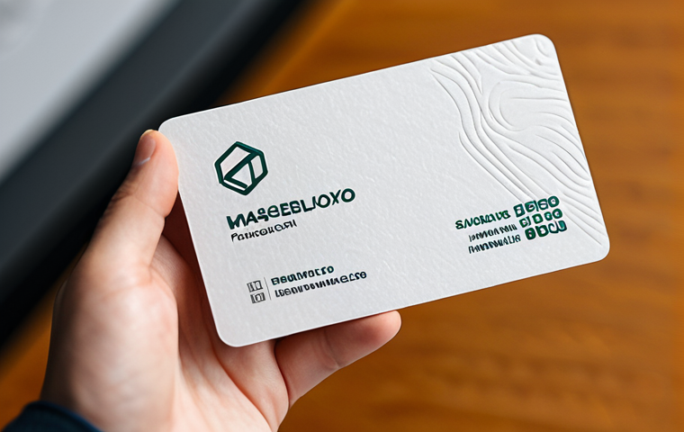 A close-up, eye-level shot of a professional individual's perfectly formed hands gently holding a modern business card. The card is crafted from a visibly thick, sustainable recycled paper, featuring a unique, subtle texture and a finely debossed, minimalist logo. The focus is on the tactile quality of the card and the natural pose of the hands, showcasing well-formed fingers and appropriate, modest accessories like a sleek watch. The background is a softly blurred, warm-toned professional office setting with natural light, emphasizing a sense of quality and meticulousness. fully clothed, appropriate attire, safe for work, appropriate content, professional, family-friendly, perfect anatomy, correct proportions, natural body proportions, proper finger count, professional photography, high detail.