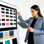 **

"A fashion coordinator, fully clothed in stylish and modest business attire, reviewing a digital mood board on a tablet in a bright, modern studio. The mood board displays various fabric swatches, color palettes, and garment sketches. Professional setting, appropriate content, safe for work, perfect anatomy, natural pose, well-formed hands, high quality."

**