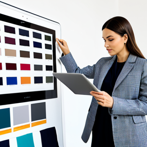 **

"A fashion coordinator, fully clothed in stylish and modest business attire, reviewing a digital mood board on a tablet in a bright, modern studio. The mood board displays various fabric swatches, color palettes, and garment sketches. Professional setting, appropriate content, safe for work, perfect anatomy, natural pose, well-formed hands, high quality."

**