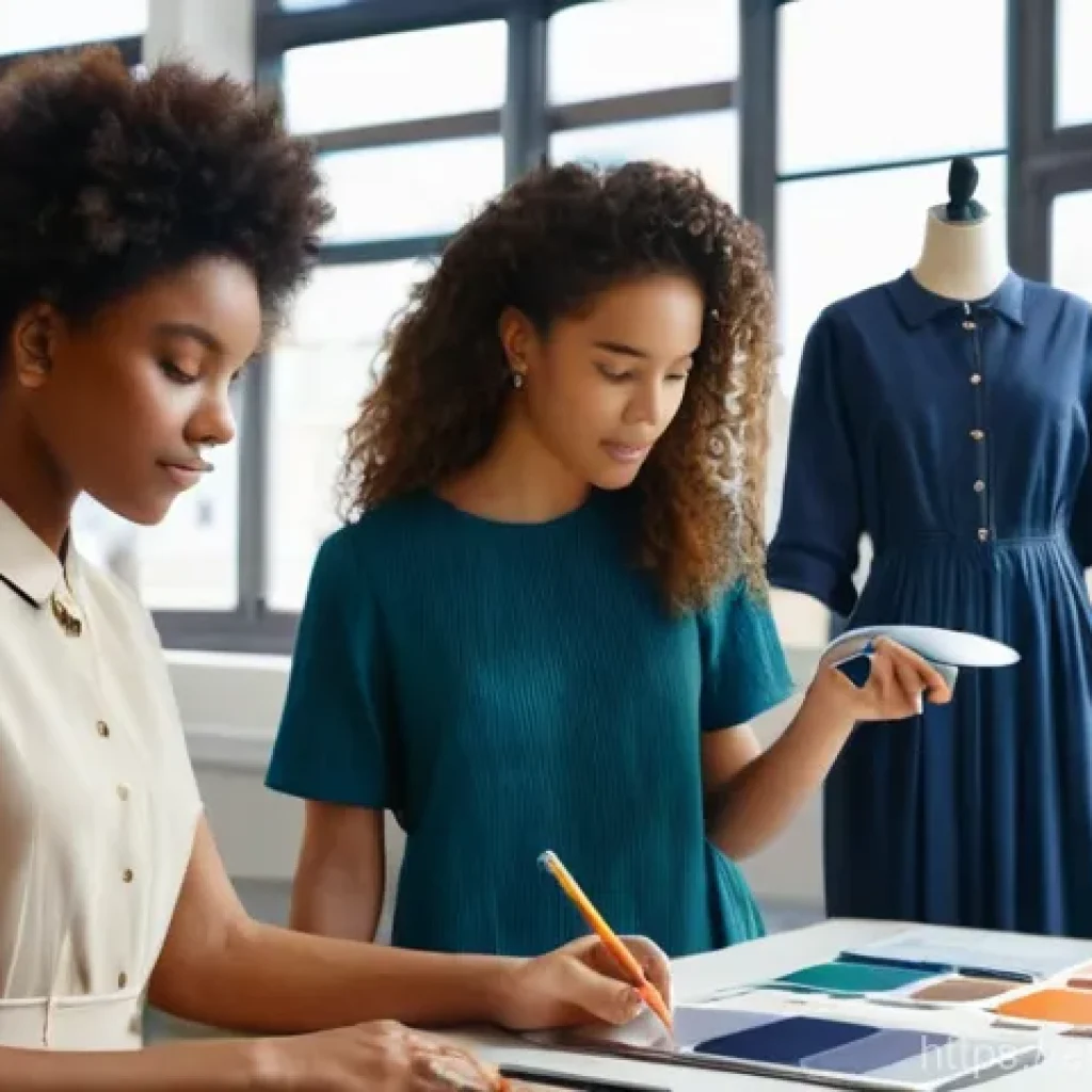 패션 코디네이터 준비과목 - **Prompt:** A diverse group of young adult fashion students, aged 18-25, in a modern, brightly lit f...