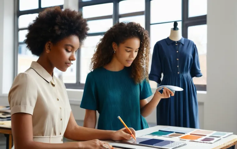 패션 코디네이터 준비과목 - **Prompt:** A diverse group of young adult fashion students, aged 18-25, in a modern, brightly lit f...