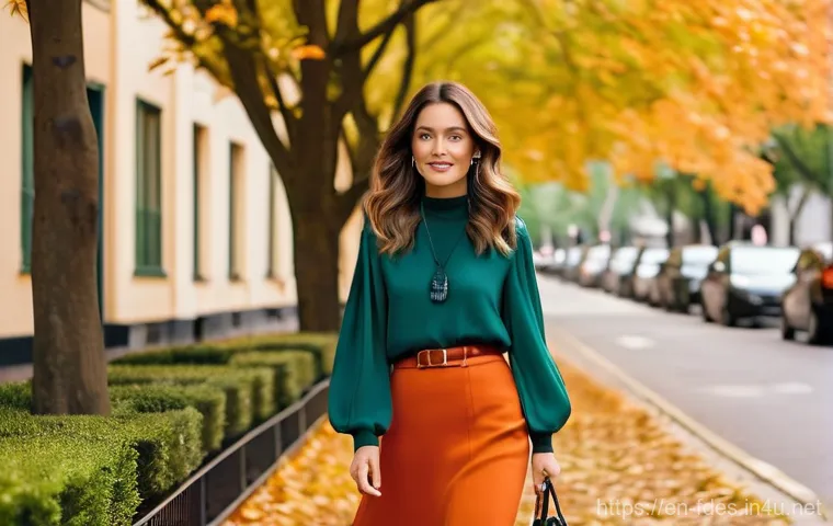 패션 코디네이터 패턴 이해하기 - **A sophisticated young woman showcasing complementary color harmony and subtle layering for an autu...