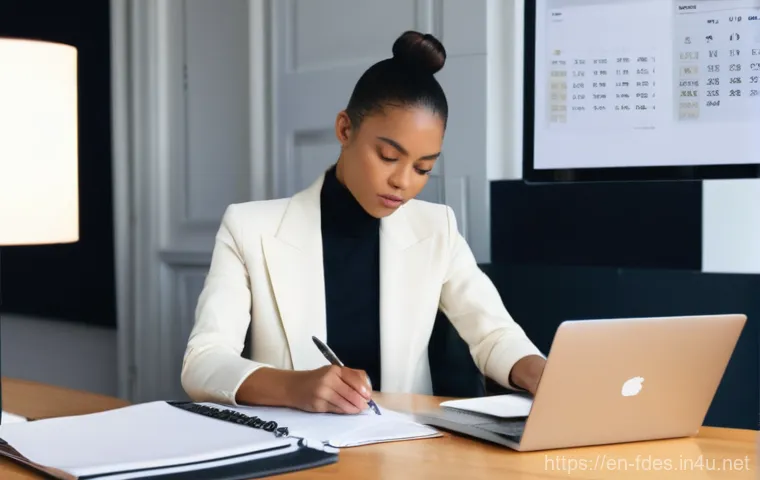 패션 코디네이터의 워라밸 관리법 - **"Focused Fashion Coordinator's Organized Workflow"**: A stylish female fashion coordinator in her ...