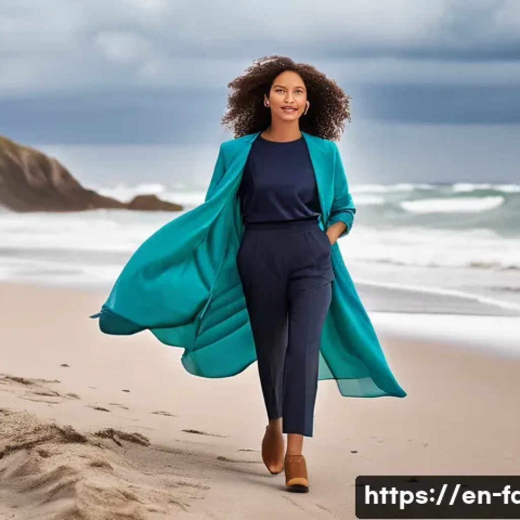 패션 코디네이터 현장 프로젝트 사례 - A professional fashion coordinator managing a busy outdoor photoshoot on a windy beach, adjusting a ...