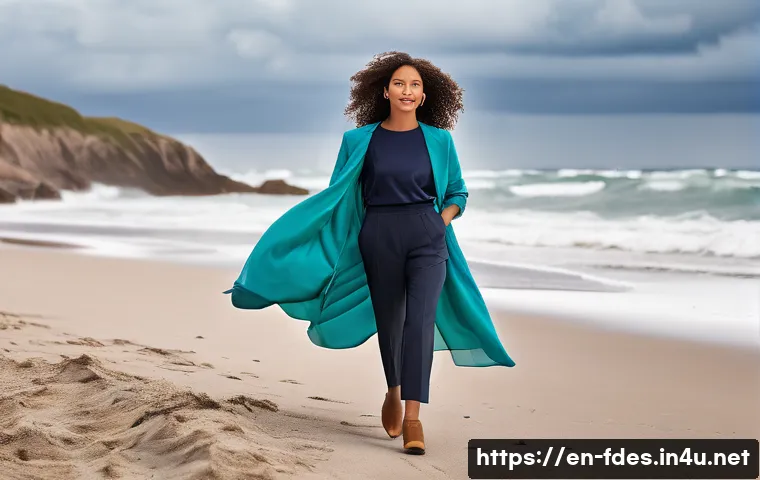 패션 코디네이터 현장 프로젝트 사례 - A professional fashion coordinator managing a busy outdoor photoshoot on a windy beach, adjusting a ...