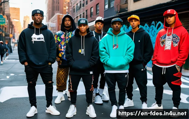 패션 코디네이터의 지역별 패션 차이 - A vibrant urban street scene in New York City showcasing diverse young adults wearing layered street...