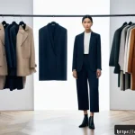 Home 20 패션 코디네이터의 성공 사례 인터뷰 - A modern fashion coordinator in a sleek, minimalist studio setting, thoughtfully selecting outfits o...