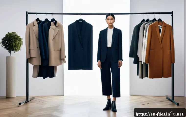 패션 코디네이터의 성공 사례 인터뷰 - A modern fashion coordinator in a sleek, minimalist studio setting, thoughtfully selecting outfits o...