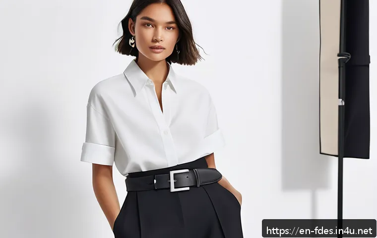 패션 코디네이터의 개인 브랜드 구축 사례 - A stylish fashion coordinator in a modern urban studio, confidently showcasing a monochrome outfit w...