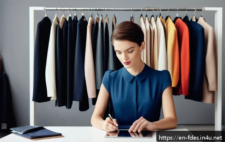 패션 코디네이터 프리랜서로 일하는 법 - A stylish freelance fashion stylist in a modern studio, surrounded by clothing racks featuring a mix...