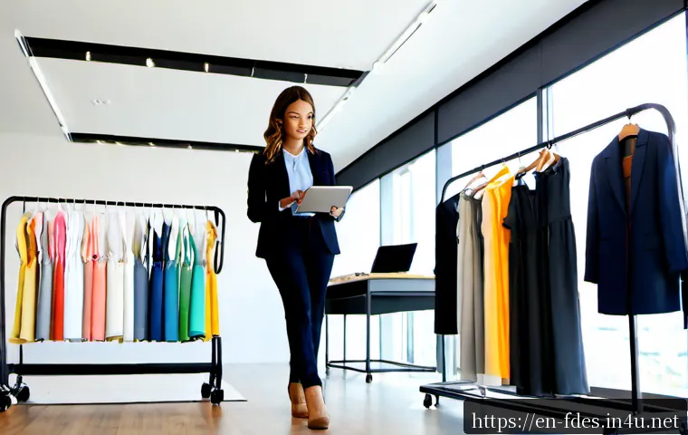 패션 코디네이터의 직업 환경 변화 - Photorealistic modern fashion coordinator working in a bright open-plan studio, curating outfits on ...